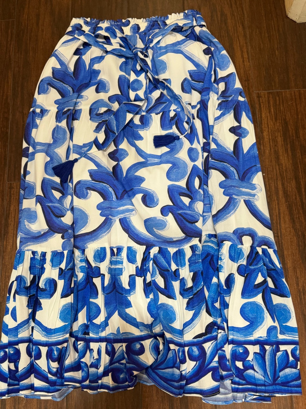 Blue Scroll-Print Tiered Midi Skirt - Unbranded